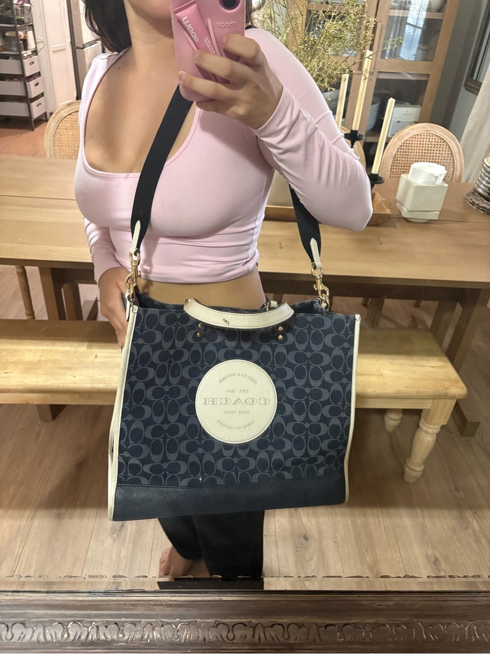 COACH Navy Signature Canvas Tote with Cream Trim and Black Strap - Picture 12 of 12